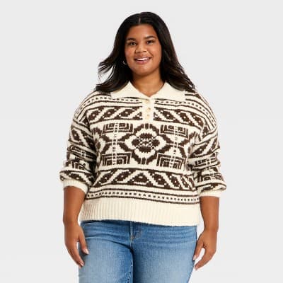 Women's Fairisle Henley Shawl Sweater - Universal Thread™ Brown 4X
