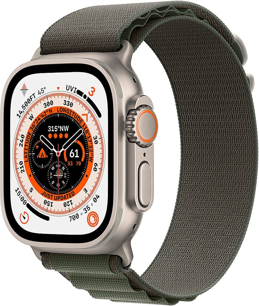 Apple Geek Squad Certified Refurbished Watch Ultra (GPS + Cellular) 49mm Titanium Case with Green Alpine Loop - Medium - Silver - (2022)