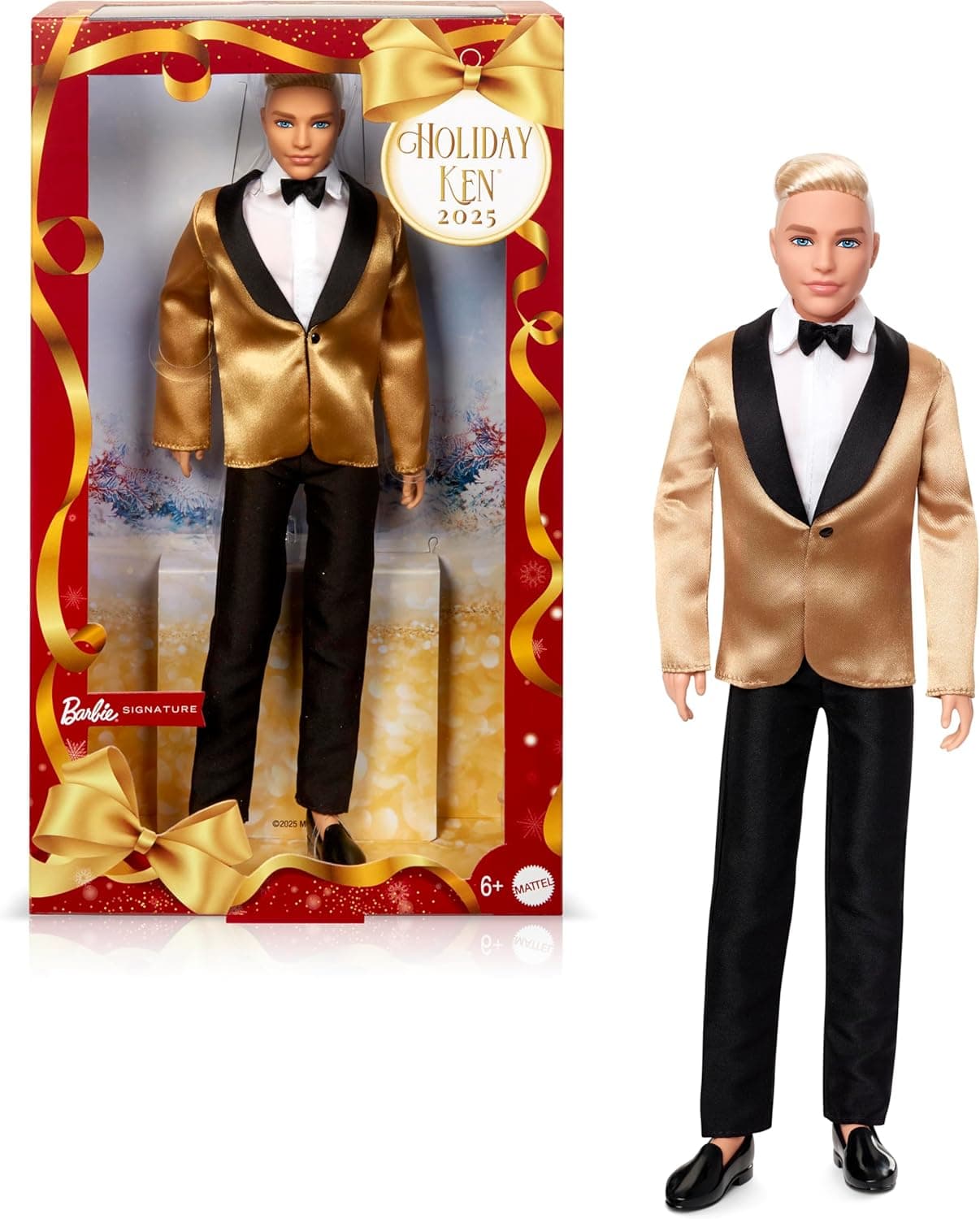Barbie Signature 2025 Holiday Blonde Ken Collectible Fashion Doll Wearing Full Suit with Golden Jacket in Displayable Packaging & Doll Stand