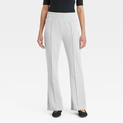 Women's Cozy Wide Leg Flare Pants with Front Seam and Smocked Waistband - A New Day™ Heather White S: High Rise, Relaxed Fit, Power Stretch