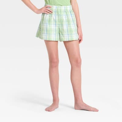 Girls' Woven Plaid Boxer Pajama Shorts - art class™ Blue/Green M
