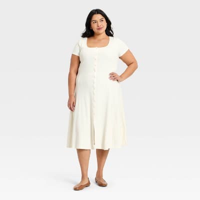 Women's Short Sleeve Ribbed Button-Front Midi Sundress - Universal Thread™ Cream 3X