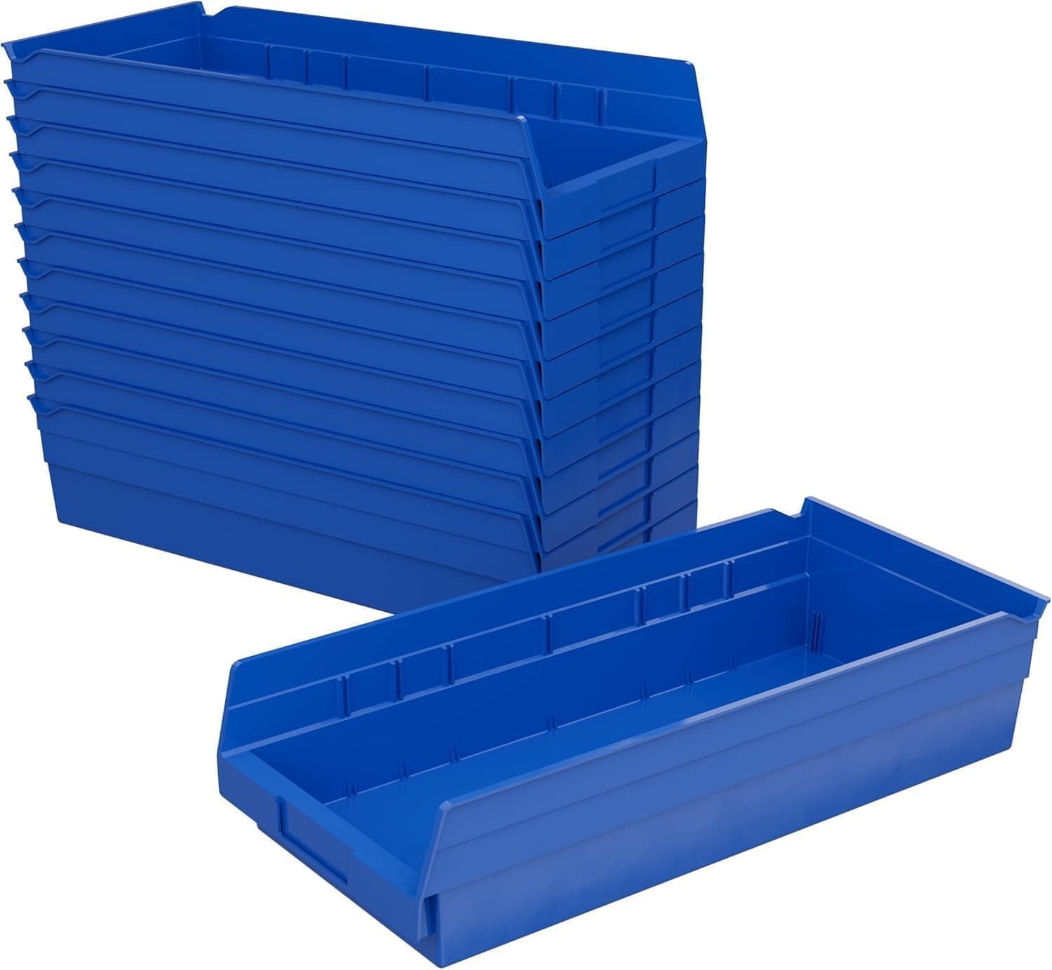Akro-Mils 30128 Plastic Shelf Bins, Heavy Duty Storage Bins for Garage, Closet, and Drawer Organization, 18 x 8 x 4 inches, Blue, 12-Pack