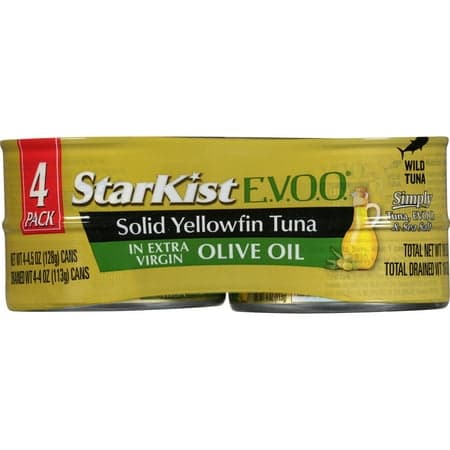StarKist Selects E.V.O.O. Solid Wild Caught Yellowfin Tuna in Extra Virgin Olive Oil, 26g Protein, 4.5 oz Can, 4 Cans