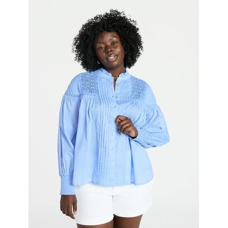 Terra & Sky Women's Plus Size Lace Inset Blouse with Long Sleeves, Sizes 0X-5X