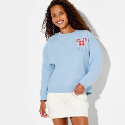 Women's Crewneck Mickey Balloons USA Graphic Pullover Sweatshirt - Blue L