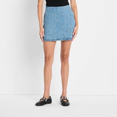Women's Denim Studded Mini A-Line Skirt - Future Collective Blue Denim 00