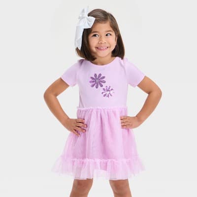 Toddler Girls' Daisy Tulle Dress - Cat & Jack™ Light Purple 18M: Floral Mesh Pullover, Short Sleeve