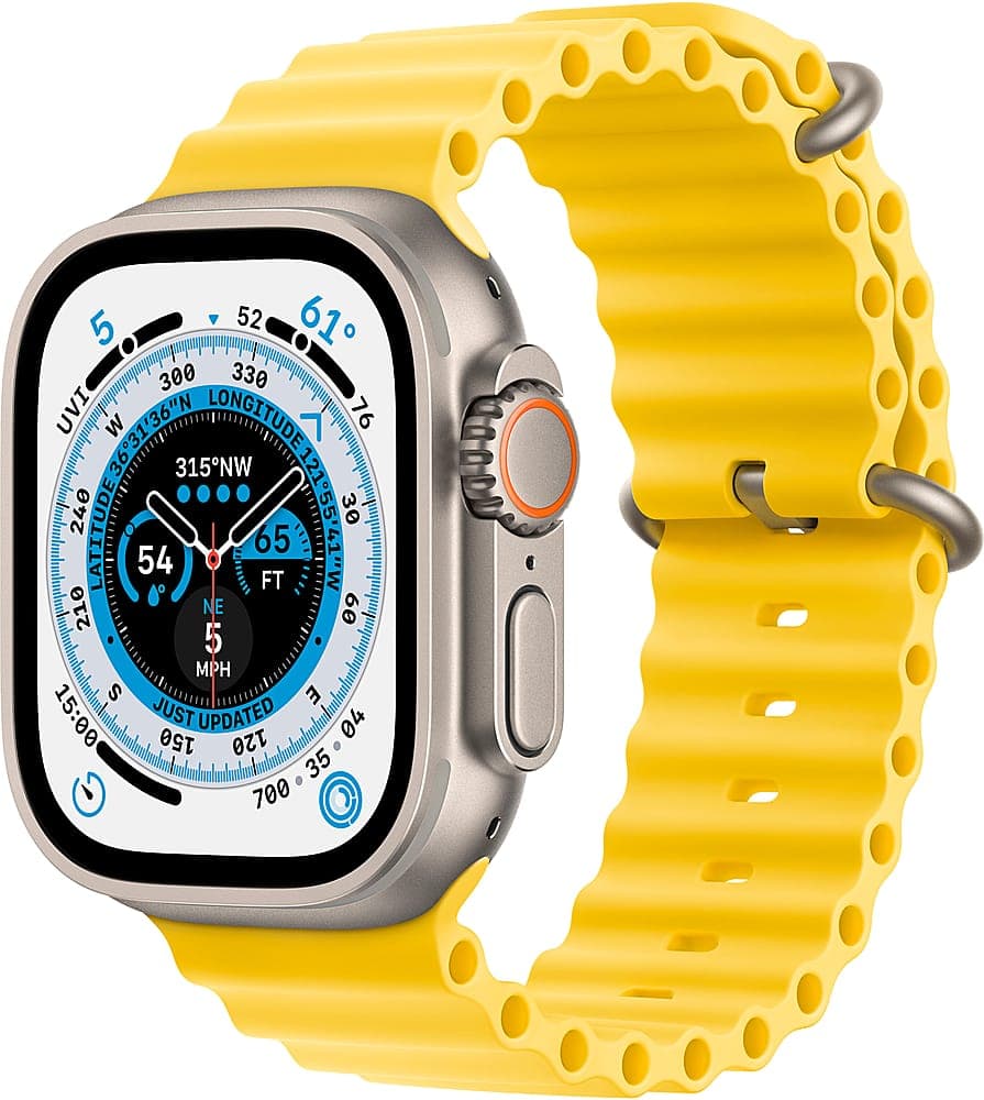 Apple Geek Squad Certified Refurbished Watch Ultra (GPS + Cellular) 49mm Titanium Case with Yellow Ocean Band - Silver - (2022)