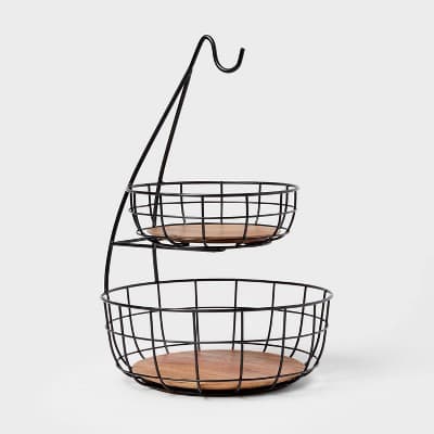 Iron and Mangowood Wire 2-Tier Fruit Basket with Banana Hanger Black - Threshold™: Traditional Mango Wood & Iron Design