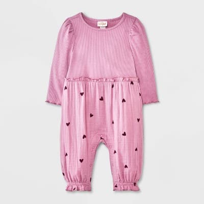 Baby Girls' Hearts Ribbed Long Sleeve Romper - Cat & Jack™ Pink 3-6M