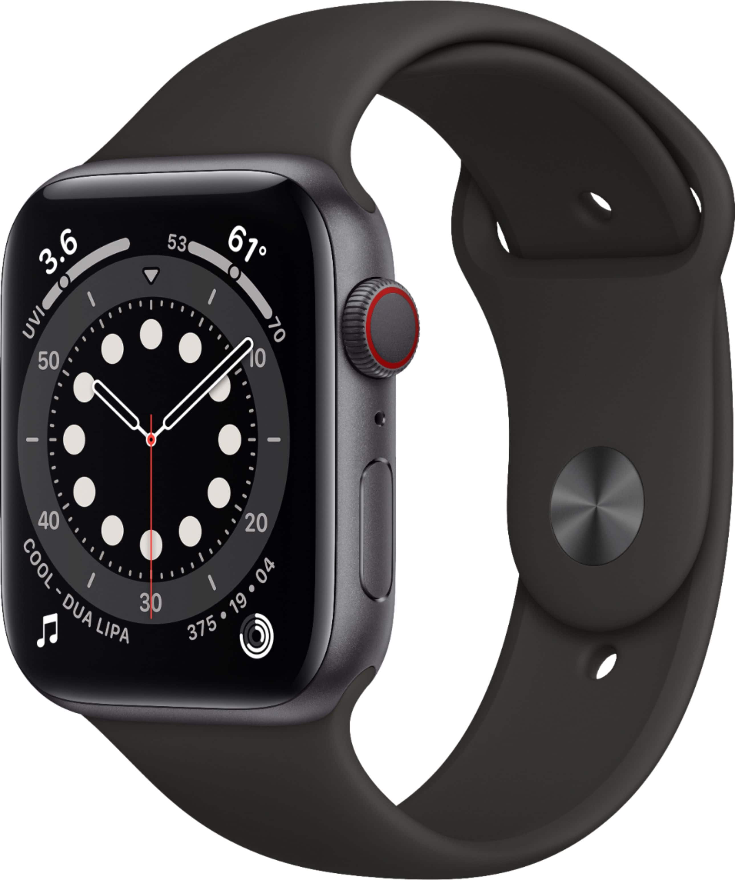 Geek Squad Certified Refurbished Apple Watch Series 6 (GPS + Cellular) 44mm Aluminum Case with Sport Band - Space Gray - (2020)