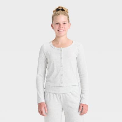 Girls' Long Sleeve Cozy Rib-Knit Cardigan - art class™ Heather Gray L
