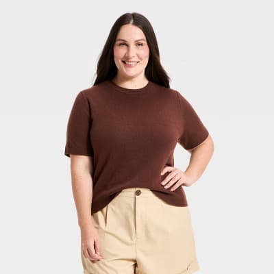 Women's Short Sleeve Crewneck Sweater - A New Day™ Brown 4X