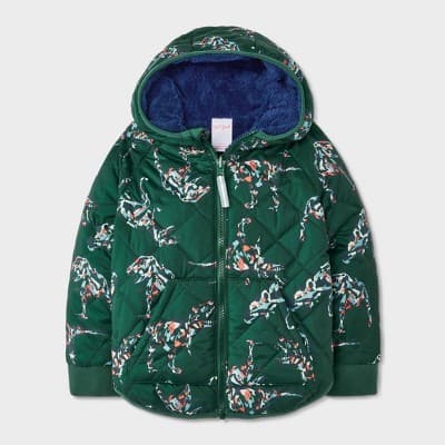 Toddler Boys' Dino Printed Quilted Reversible Puffer Jacket - Cat & Jack™ Dark Green 2T