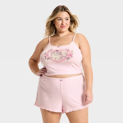 Women's Pointelle Tank Top and Shorts Pajama Set - Wild Fable™ Pink 1X
