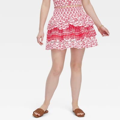 Women's Floral/Star Geo Tiered Mini Skirt Red - Roller Rabbit x Target L