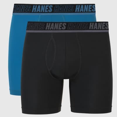 Hanes Moves Premium Men's Anti-Chafe Total Support Pouch X-Temp Boxer Briefs 2pk - Black/Blue S: Moisture Wicking, 4-Way Stretch, Breathable Mesh