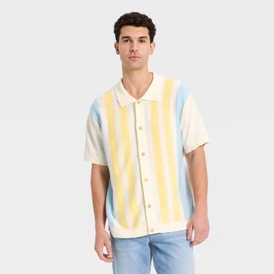 Men's Easter Capsule Collared Cardigan - Goodfellow & Co™ Yellow Striped M