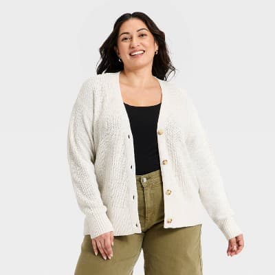 Women's Textured Stitch Button-Front Cardigan Sweater - Ava & Viv™ Cream 4X