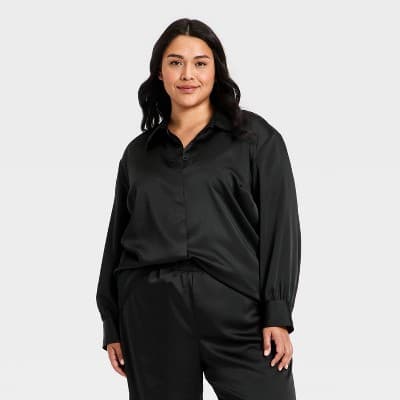 Women's Long Sleeve Satin Top - A New Day™ Black XXL