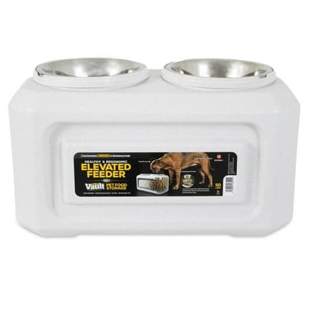 Gamma2 Vittles Vault 2-in-1 Elevated Stainless Steel Dog Bowls with 50 lb Dry Food Storage, White