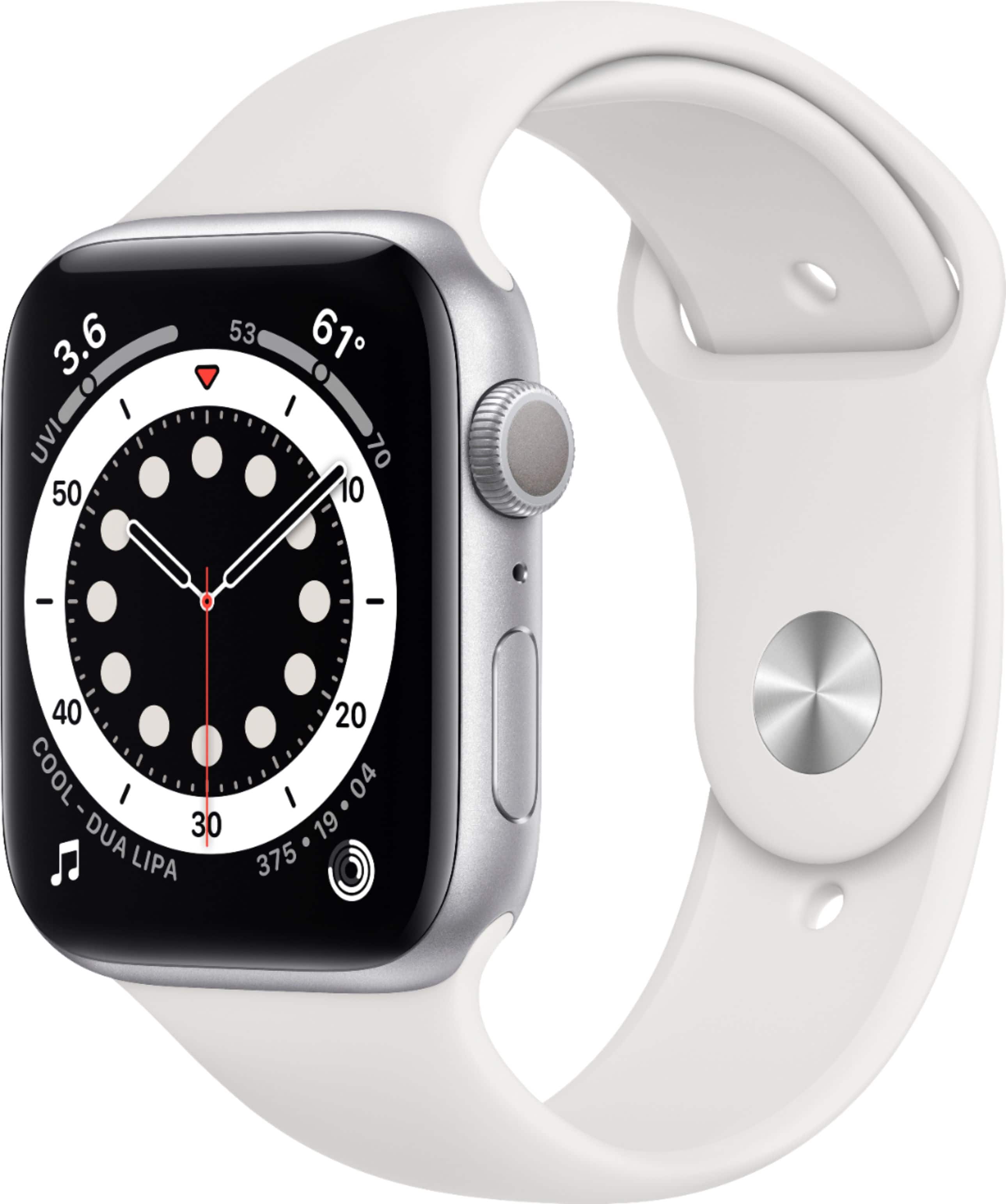 Apple Geek Squad Certified Refurbished Watch Series 6 (GPS) 44mm Aluminum Case with White Sport Band - Silver - (2020)