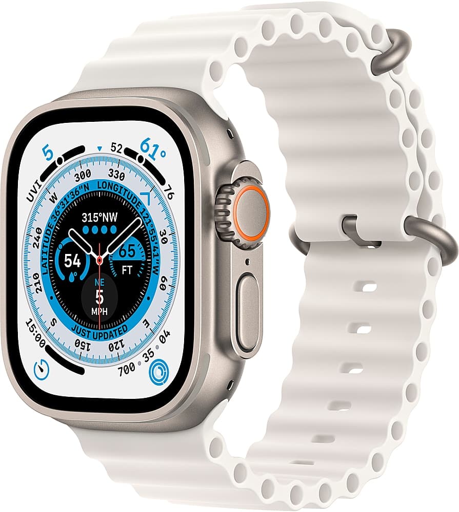 Apple Geek Squad Certified Refurbished Watch Ultra (GPS + Cellular) 49mm Titanium Case with White Ocean Band - Silver - (2022)