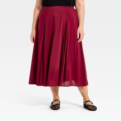 Women's Pull-On Pleated Voile Full Midi Skirt - A New Day™ Burgundy4X