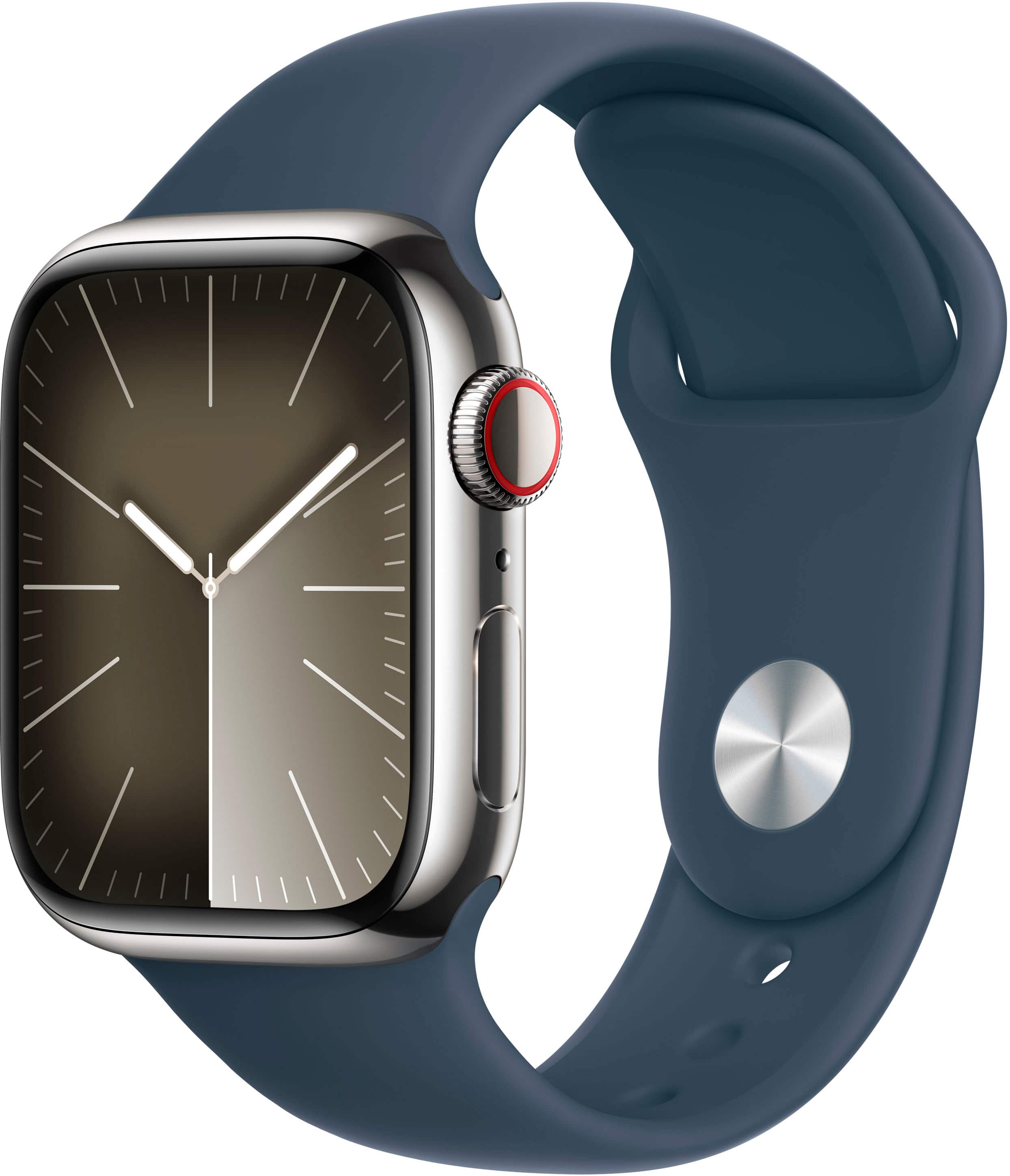 Apple GSRF Watch Series 9 (GPS + Cellular) 41mm Silver SS Case w/ Storm Blue Sport Band w/ Blood Oxygen - S/M - Silver - (2023)