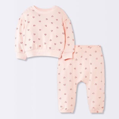 Baby Girls' 2pc Christmas Holiday Candy Cane Heart Fleece Sweatshirt and Jogger Pants Set - Cloud Island™ Pink 0-3M