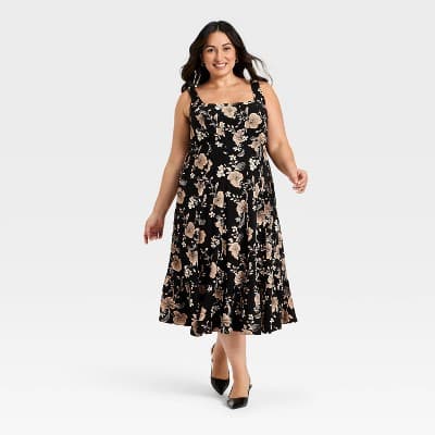 Women's Plus Wide Strap Sleeveless Seamed Fit and Flare Midi A-Line Dress - Ava & Viv™ Black/Tan Floral 28