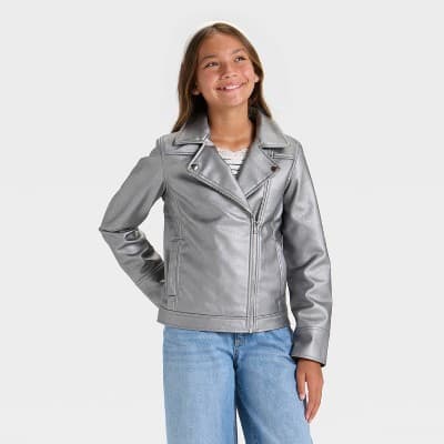 Girls' Faux Leather Moto Jacket - art class™ Silver M