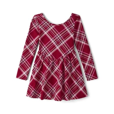 The Children's Place Girls Scoop Neck Long Sleeve Plaid V-Waist Dress, Sizes XS-XXL