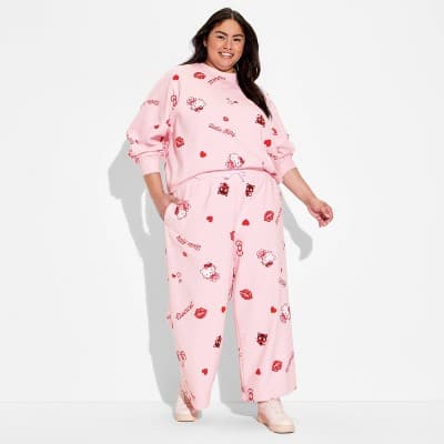 Women's Hello Kitty Fleece Graphic Sweatpants - Light Pink 1X