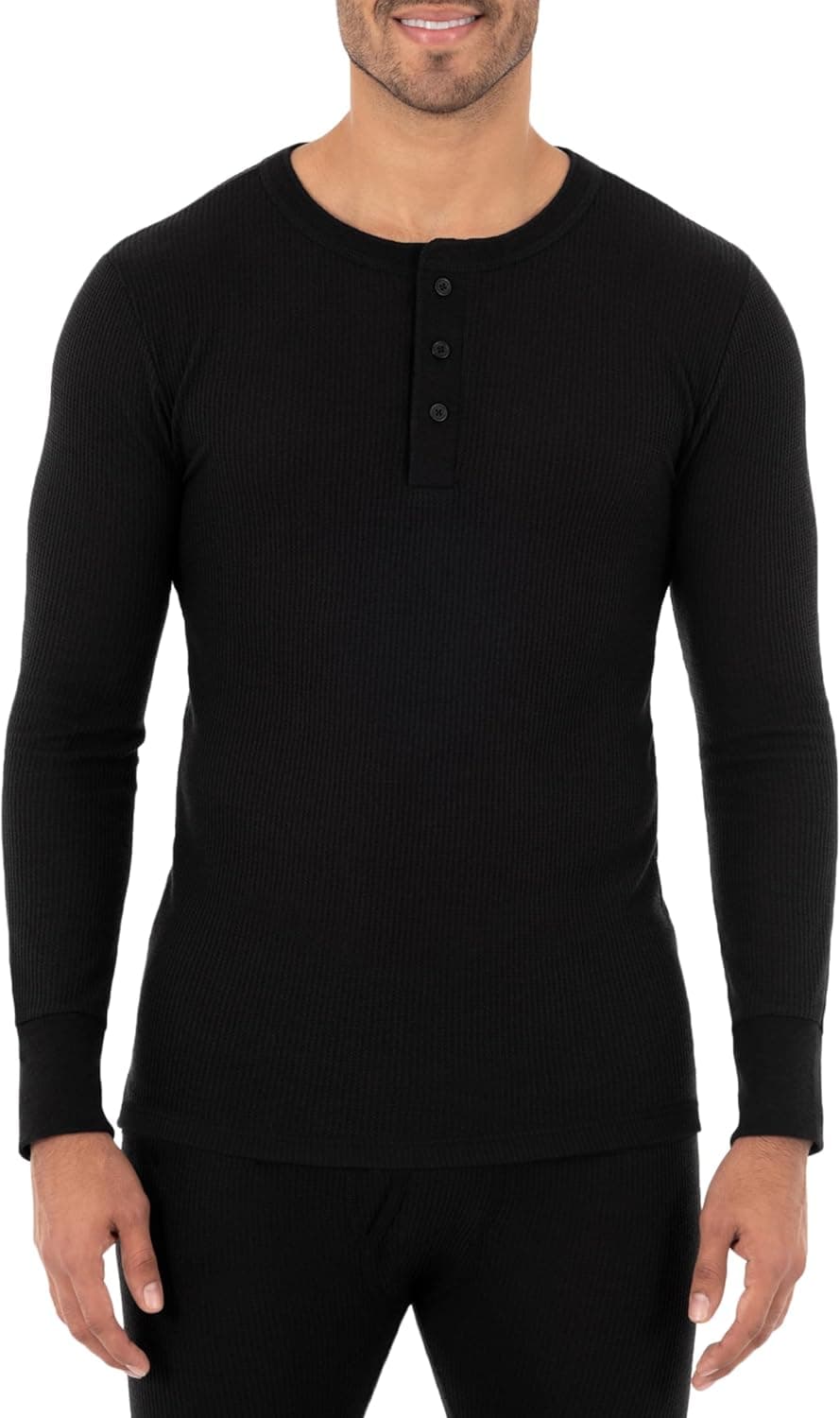 Fruit of the Loom Men's Recycled Waffle Thermal Underwear Henley Top (1 and 2 Packs), Black, 2X-Large