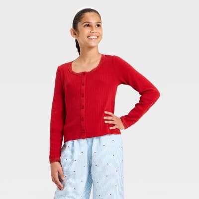 Girls' Cozy Pointelle Cardigan - art class™ Red S
