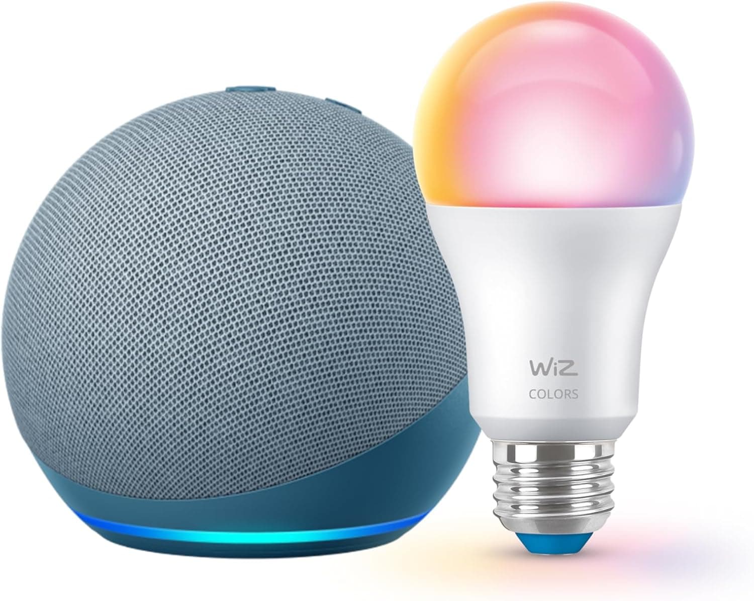 Echo Dot (newest model) with WiZ 60W A19 LED Smart Color Bulb - Connects to Your Wi-Fi - E26 Base - Control with Voice or App - Matter Compatible
