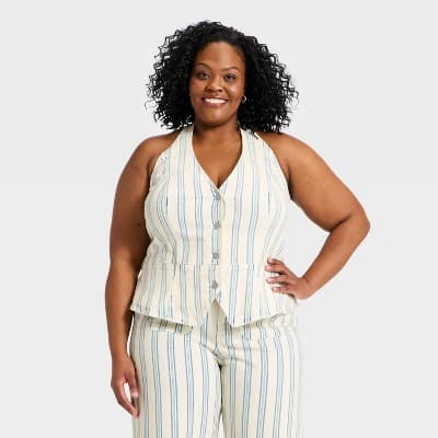 Women's Striped Halter Denim Vest - Universal Thread™ White 4X