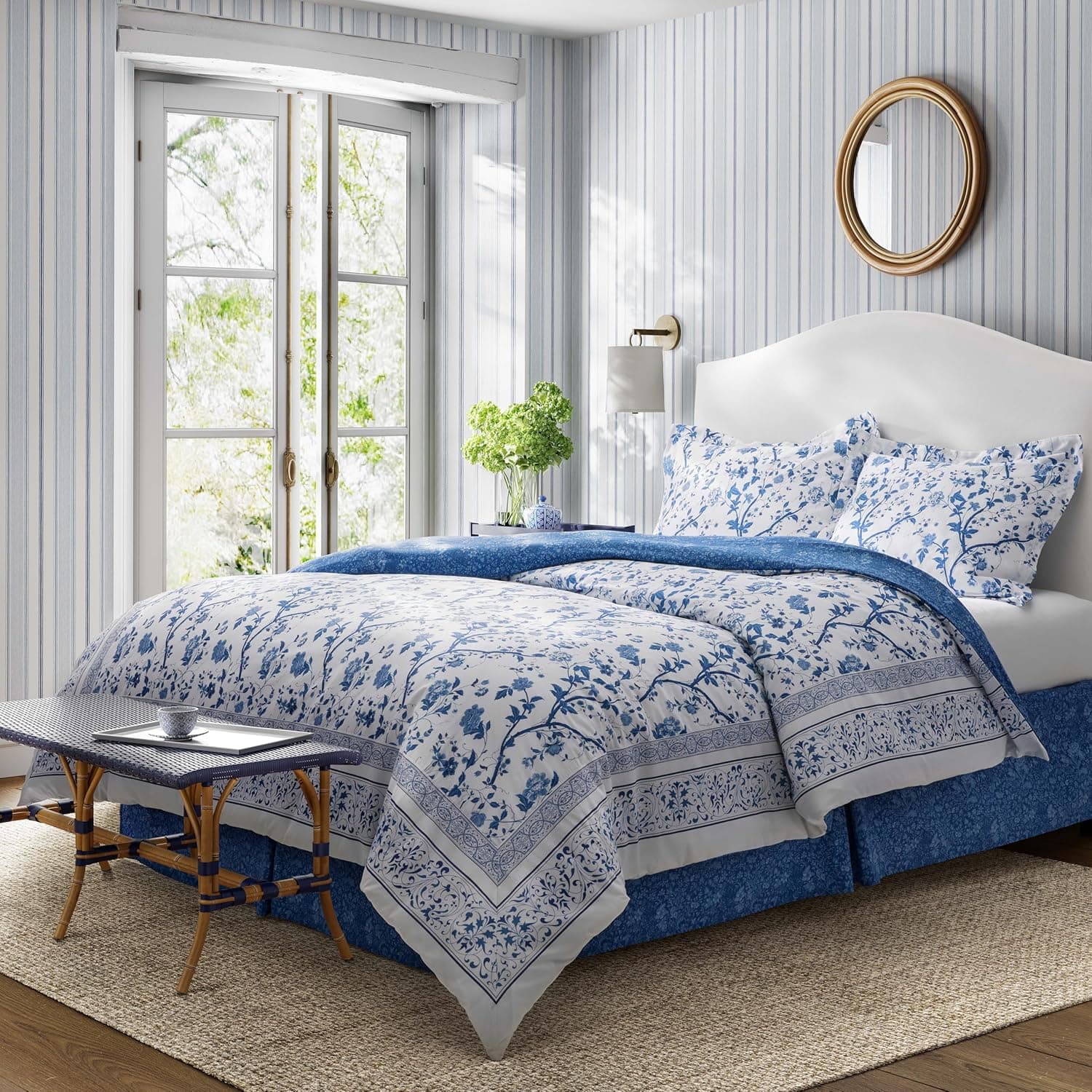 Laura Ashley - Queen Comforter Set, Soft & Reversible Cotton Bed Set, 4 Piece Floral Bedding with Matching Pillowcases & Bonus Bed Skirt (Charlotte Blue)