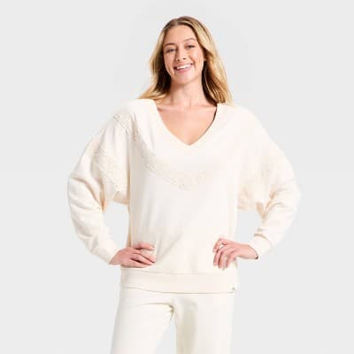 Women's Crochet Trim V-Neck Sweatshirt -JoyLab™ Cream M