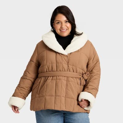 Women's Belted Faux Shearling Puffer Jacket - Ava & Viv™ Tan 1X