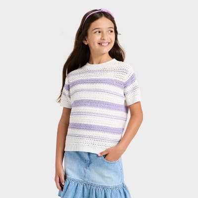 Girls' Short Sleeve Striped Openwork Pullover Sweater - Cat & Jack™ Lavender/White XL