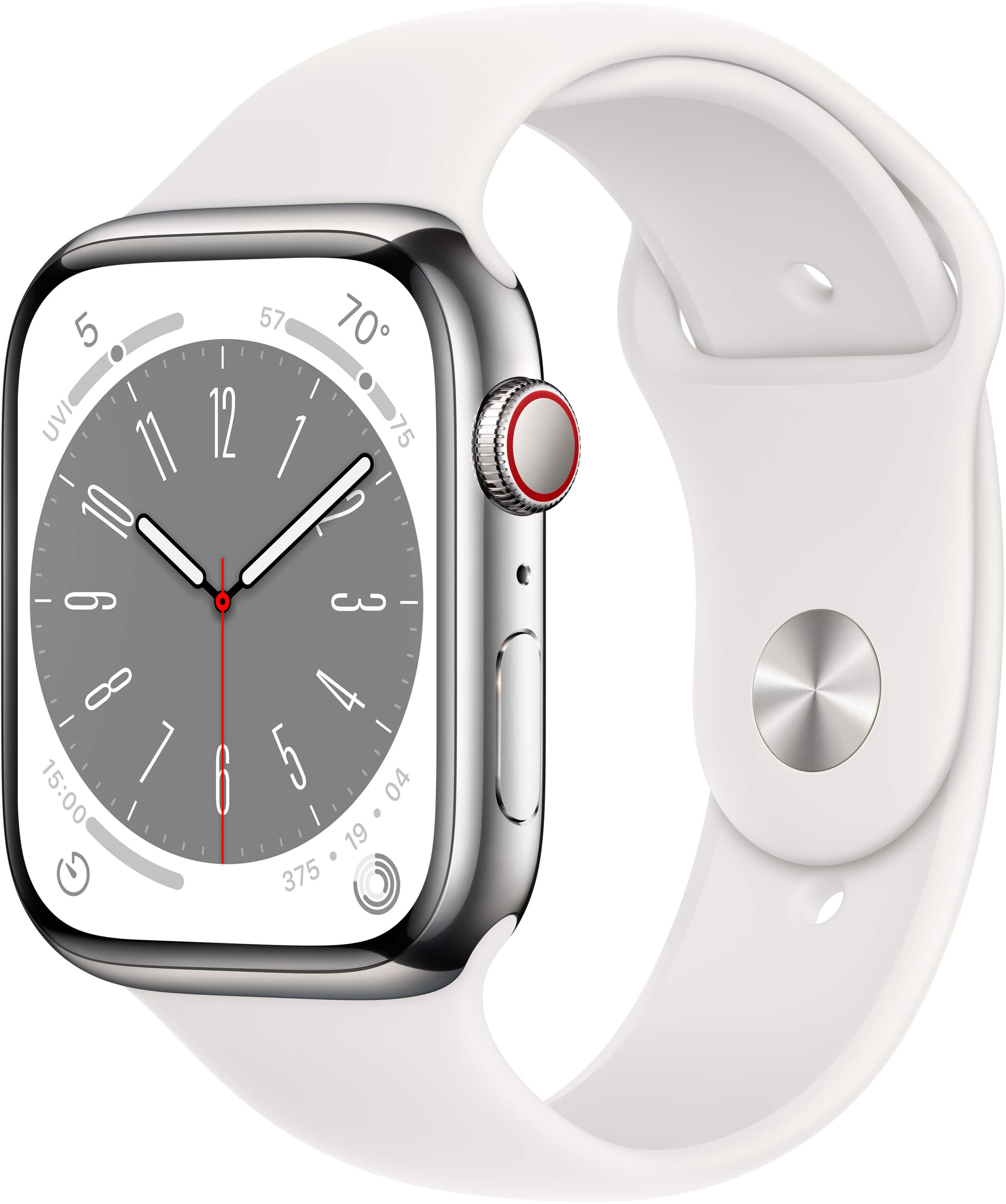 Refurbished Apple Watch Series 8 GPS + Cellular 45mm Silver Stainless Steel Case with White Sport Band - S/M - Silver - (2022)