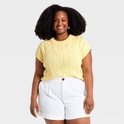 Women's Short Sleeve Crewneck Cable Pullover Sweater - A New Day™ Yellow XXL
