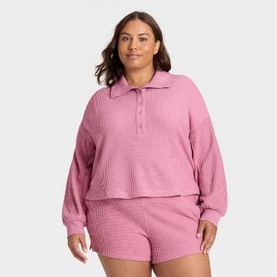 Women's Waffle Henley Sweatshirt - Auden™ Pink 2X