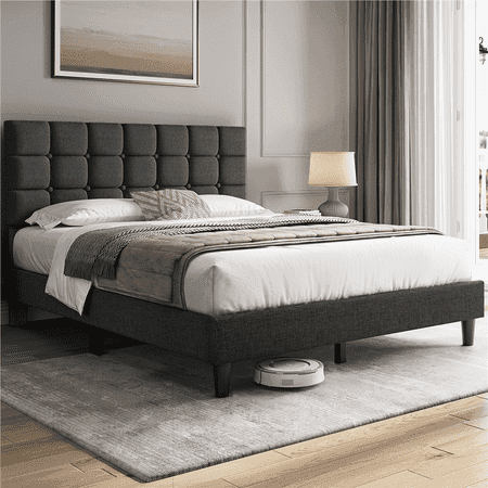 Renwick Upholstered Platform Bed with Square Tufted Headboard, Queen, Dark Gray