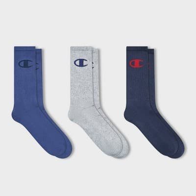 Champion Authentic Originals Men's 3pk Logo Cushion Crew Socks - Blue/Gray/Navy 6-12