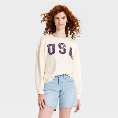 Women's Americana Pullover Sweatshirt - Universal Thread™ Cream Letters L