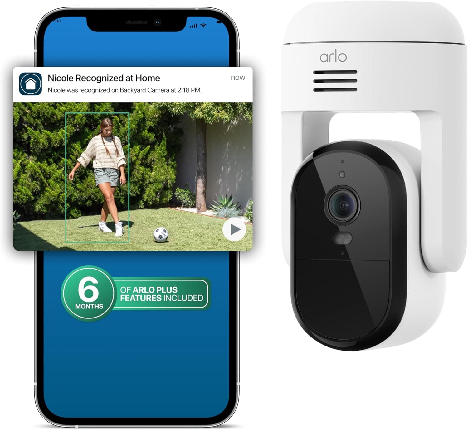 Arlo Essential Pan Tilt Security Camera 2K + 6 Months of Secure Plus Plan - Wired Plug-in Power Outdoor Camera, Person Recognition, Package Detection, Animated Preview, Auto Motion Tracking, 1 Cam